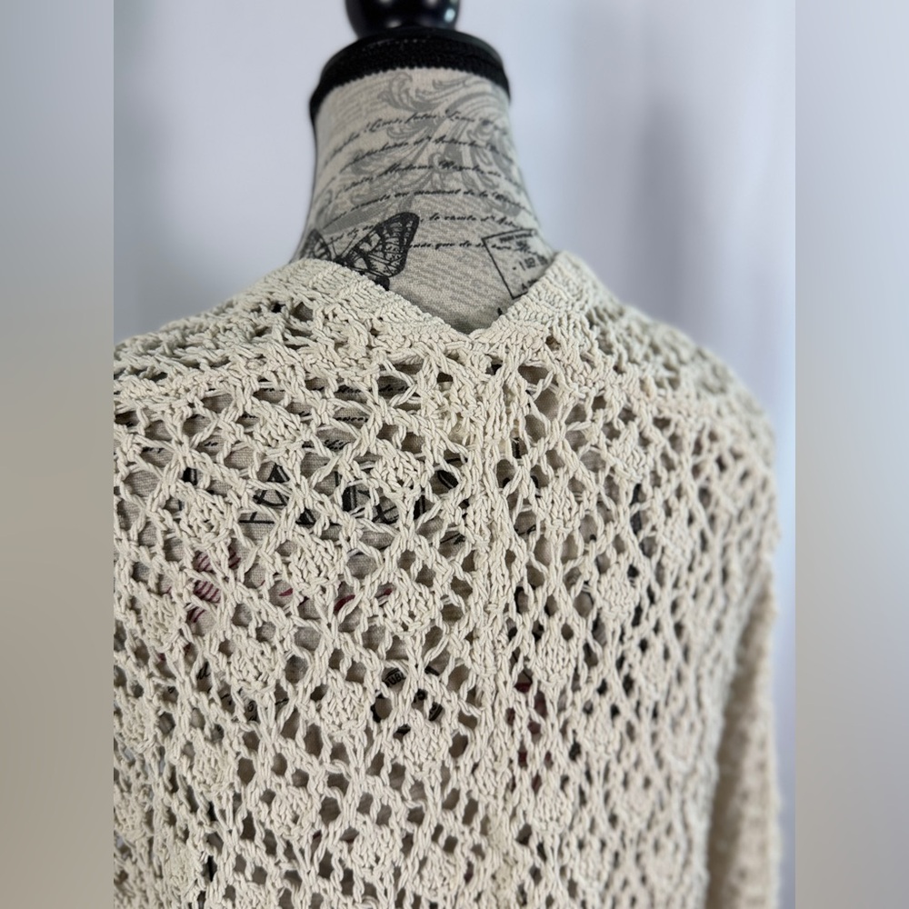 Artelier Nicole Miller Crochet Cream Open Knit Cardigan Size M Boho Chic - Picture 5 of 9